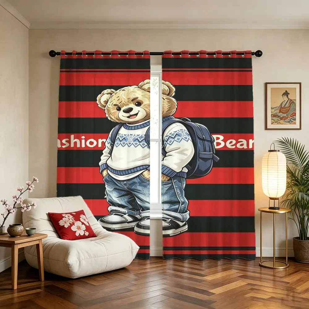 Street Fashion Bear Printed Curtains 2 Panels Light Blocking Rate 85% Darkening Decoration Curtains Teen Room Window Shade