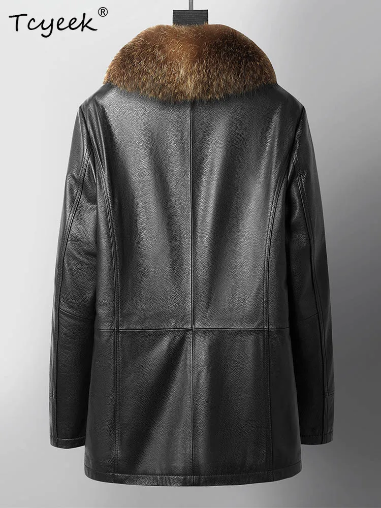 Tcyeek Real Raccoon Fur Coat Men Fashion Calfskin Real Leather Jacket for Man Mid-length Winter Clothes Slim Fit  فراء رجالي