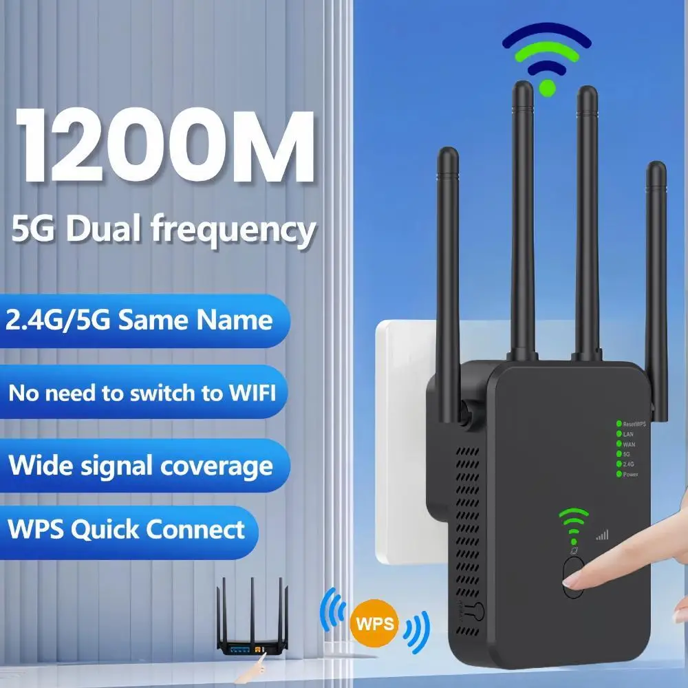 

1200Mbps Wireless WiFi Repeater Booster 2.4G/5GHz Wi-Fi Signal Amplifier Extender Router Network Card Computer Accessories