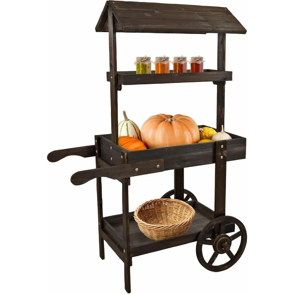 

Country Market Flower Cart Display Stand with Wheels - 2 Shelves - Fir Wood - 30 lb Weight Capacity