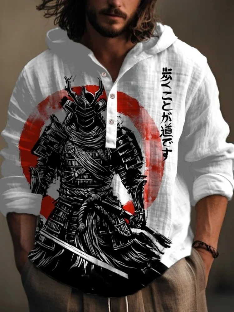

Мужская рубашка с капюшоном в стиле ретро в японском стиле с принтом самурая, модная осенняя толстовка с длинным рукавом и воротником на пуговицах, повседневные свободные туники, шикарные