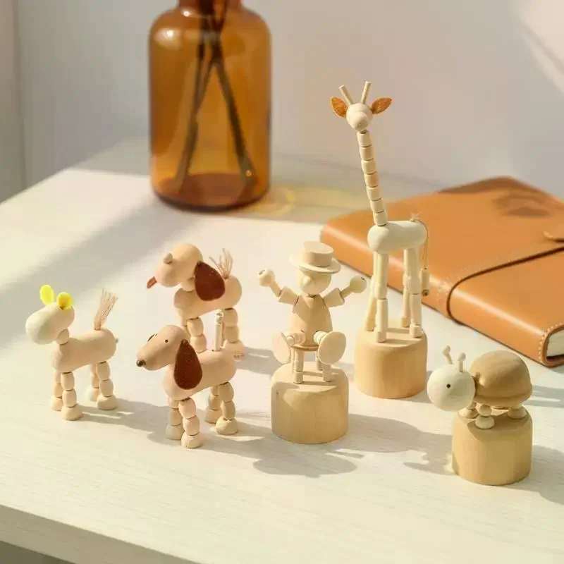 Wooden Finger Puppet Toy Cartoon Mini Desktop Movable Elephant Tiger Dog Puppet Figurine For DIY Home Party Decoration