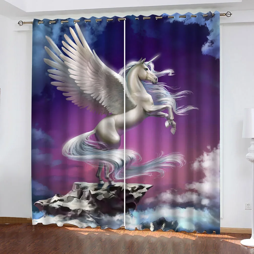 

HUANZHUANG Curtains Long White Angel Horse 2 Panels Blackout Thermal Insulated Full Light Drapes Window Curtain for Bedroom