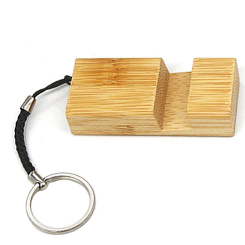 12Pcs Bamboo Phone Holder Keychain Mobile Phone Stand Keyring Desk Holder Universal Bamboo Bracket