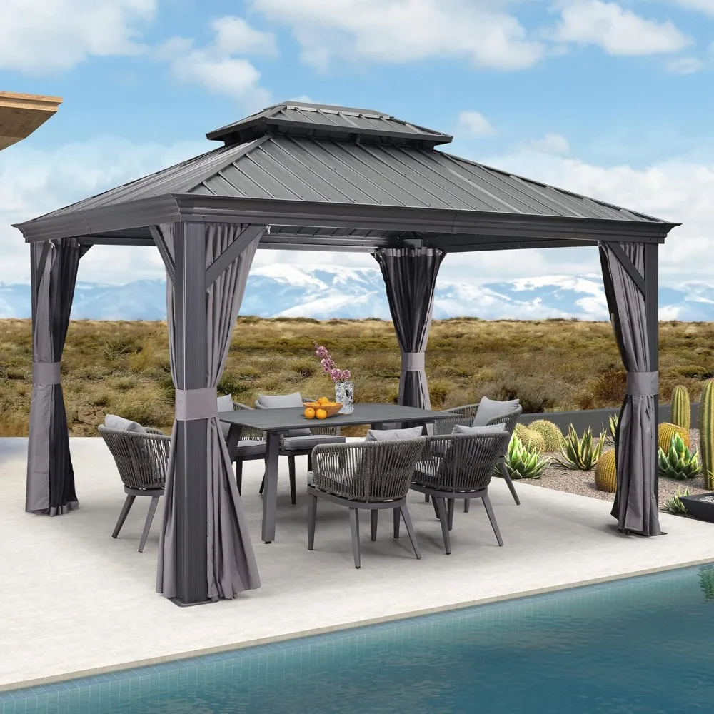 10' X 12' Gazebo Aluminum Gazebo with Galvanized Steel Double Roof for Patio Lawn and Garden, Curtains and Netting Included