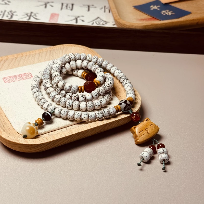 Echte natürliche handgefertigte Stern-Mond-Bodhi-Achat-Perlen (108 Stück) mit Phönix- und Pfingstrosenmotiv, mehrreihiges Armband/Halskette, Wenwan-Gebetsperlen, Geschenk