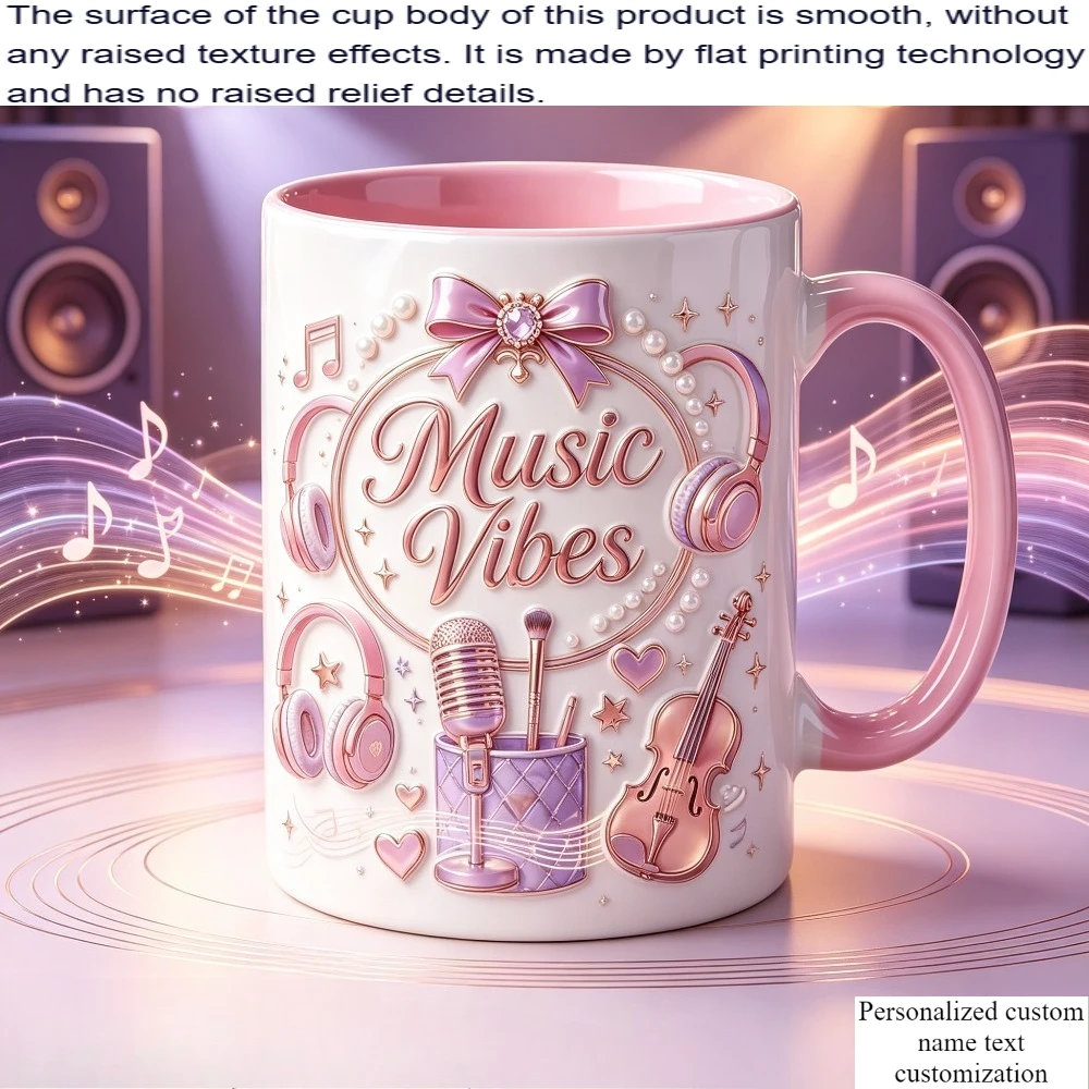 Personalized Music Vibes Ceramic Mug 11oz 2D Flat Printing Custom Name Pink Purple Gift for Music Lover