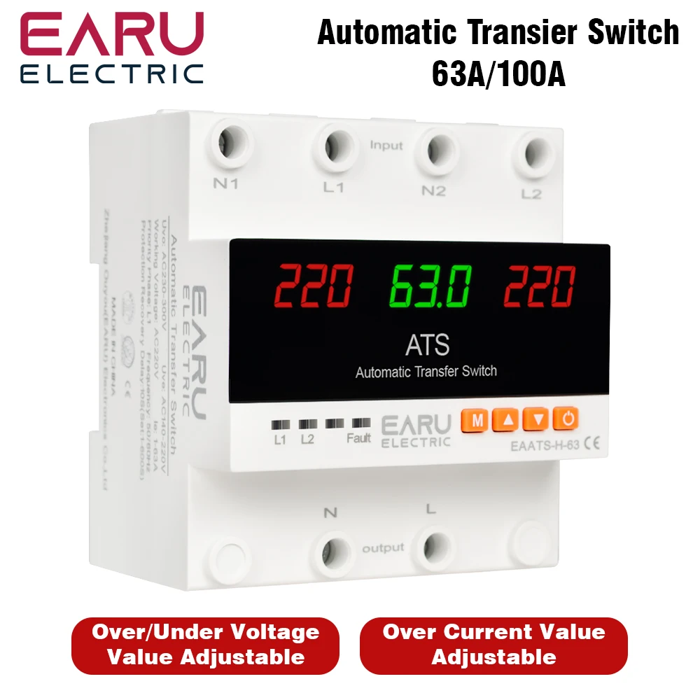 

63A 100A ATS Adjustable Over Under Voltage Current Protector Dual Power Conversion Automatic Transfer Switch Monitor Relay 220V