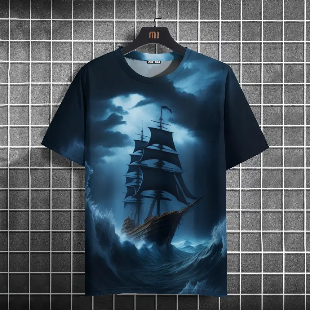 Vintage Men's T-Shirt Sailboat 3d Print Short Sleeved Tees Top Fashion Casual Oversized T-Shirts Men Clothing Quick Dry Pullover