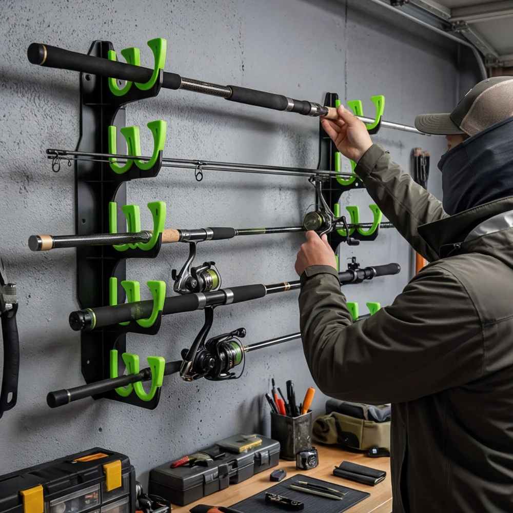 1 Set Multifunktionaler Angelrutenhalter, Geeignet für Wand- oder Lagerraumnutzung, Langlebiges Aufbewahrungsregal für Garage, Zuhause, Bootshaus und Angelausrüstung, Kompatibel mit Spinnrollen und