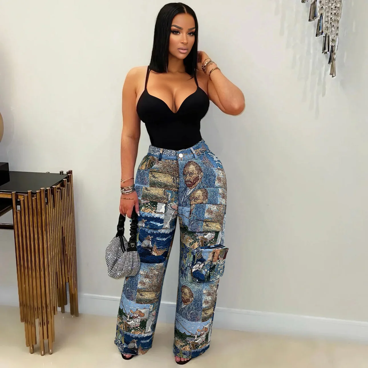 Print Pant Women Vintage Cargo Pants Pockets Buttons Floor Length Trousers Loose Y2k Streetwear Casual Streetwear Autumn Capris