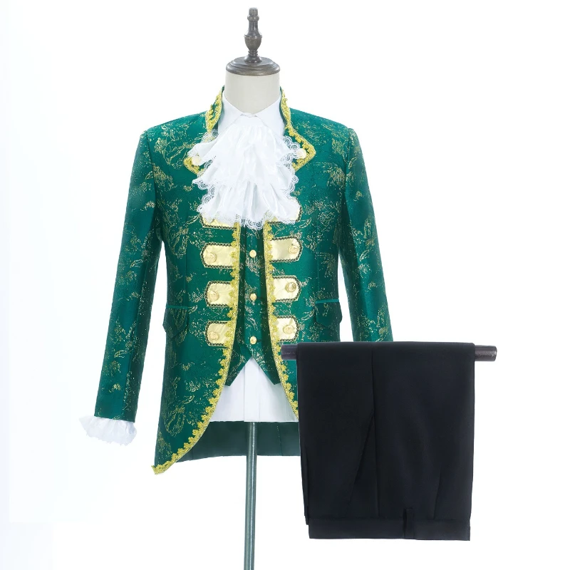 

Green Jacquard Brocade Elegant Court Suits for Men,Euro Palace Prince Charming Performance Men's Jacket+Vest+Pants+Leader Flower