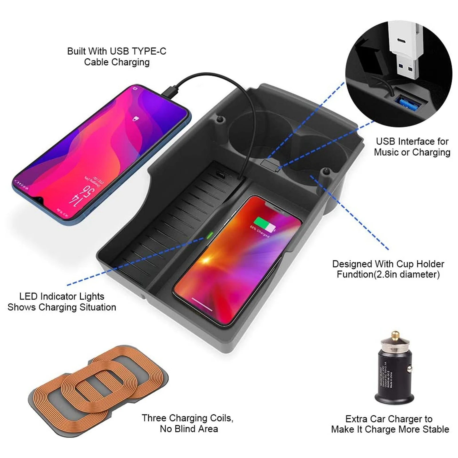 

Car Cup Holder Car Wireless Charging Pad Wireless Charging Tray Wireless Phone Charging Pad Organizer Box with Cup Holder