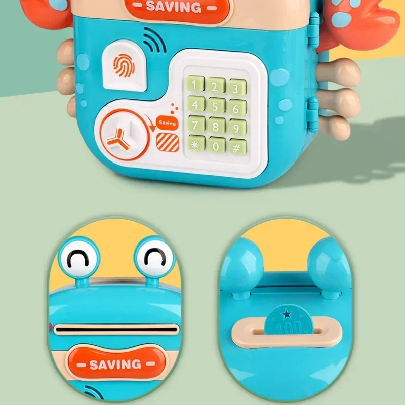 Mini alcancía de cangrejo con luces musicales, dibujos animados, huella dactilar simulada, contraseña, ahorro de dinero, moneda, juguetes educativos para niños, regalos