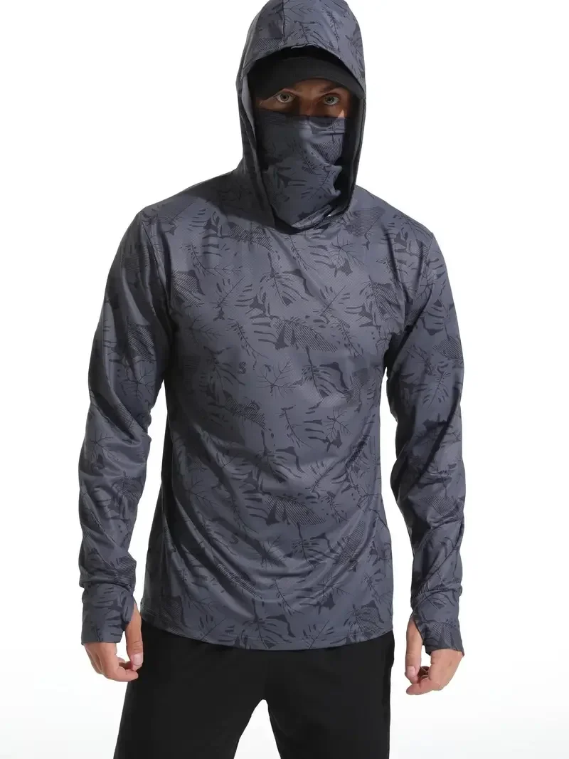 Blue Ocean Camo Men Fishing Hooded Shirt Built‑in Face Cover UPF50+ Sun Protection Quick‑Dry Long Sleeve Outdoor Tops view 5