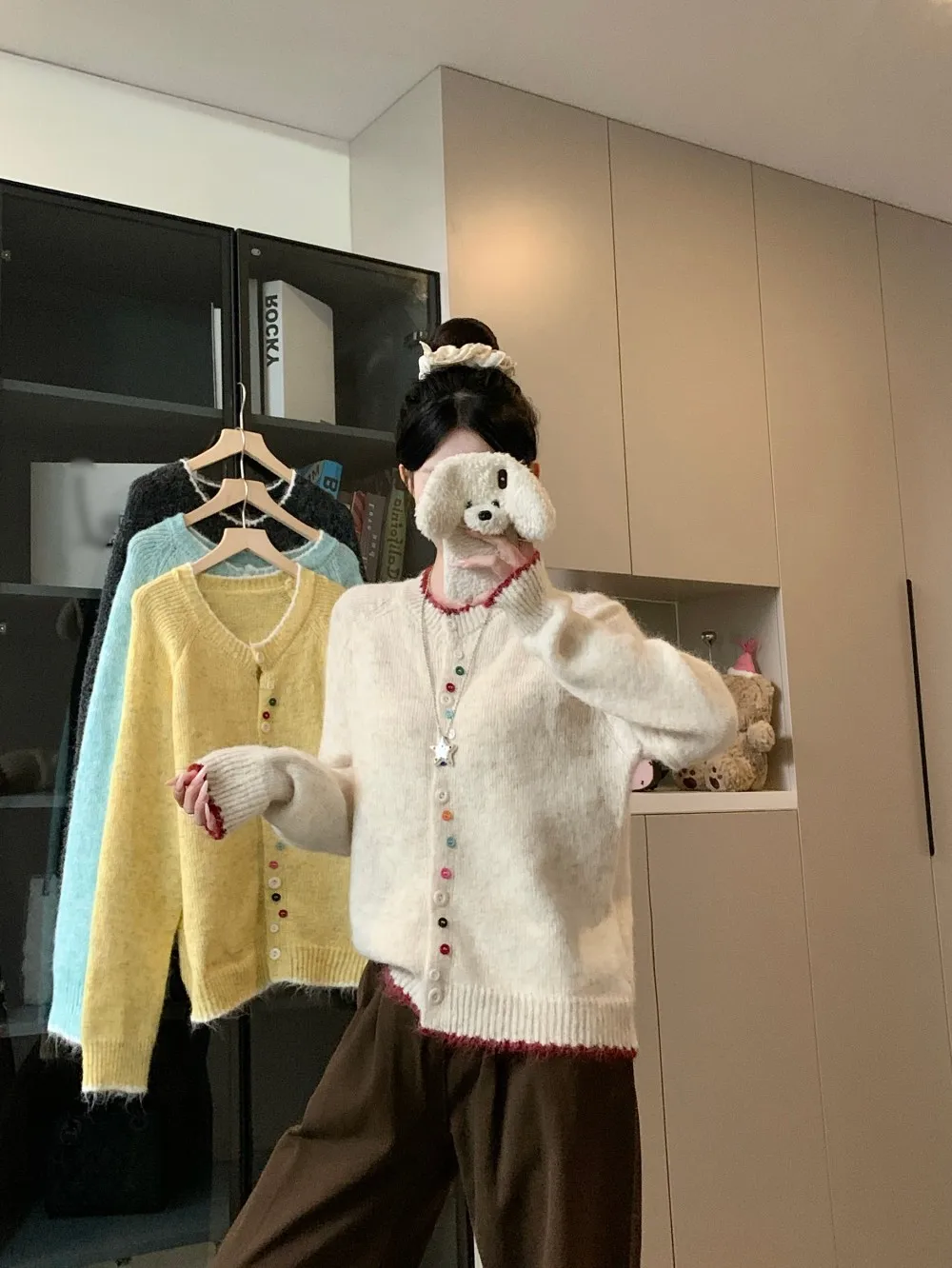 

Ele Long Sve Sweater Cardigan Women's Loose Pure Color Top Agel Faion Autumn Winter New Sle Versatile Casual Wear