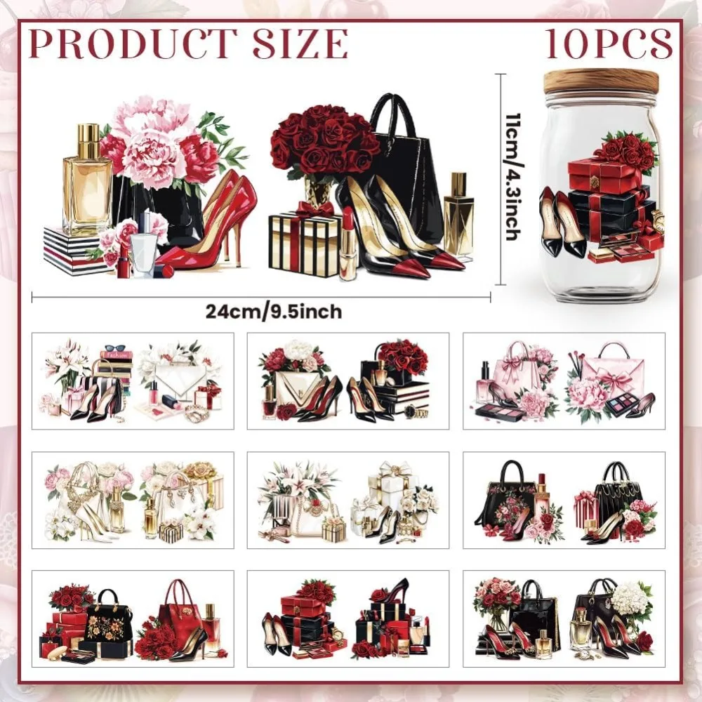 20 Pcs Female Shopping UV DTF Cup Wraps 10 Sheets Flower High Heel Shoes Handbag Cup Wraps Decals Waterproof Rub