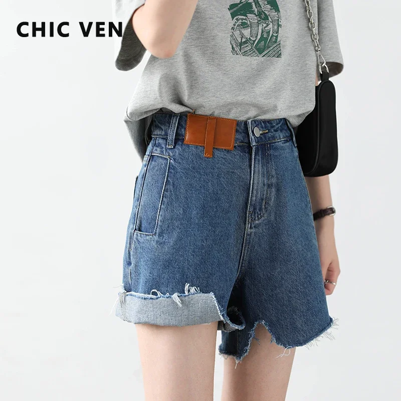 CHIC VEN  Women Denim Shorts Retro Irregularly Cut Blue High-waisted Short Jeans for Woman Streetwear Pants Ladies Summer 2024