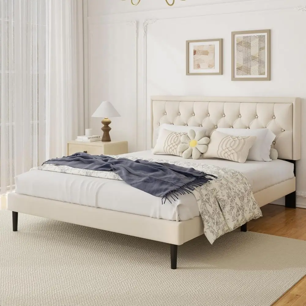 King Size Platorm Bed e with Upholstered Velvet Button Tuted board, Mattroundation with Wooden Slat Support, No Box Spring Neede