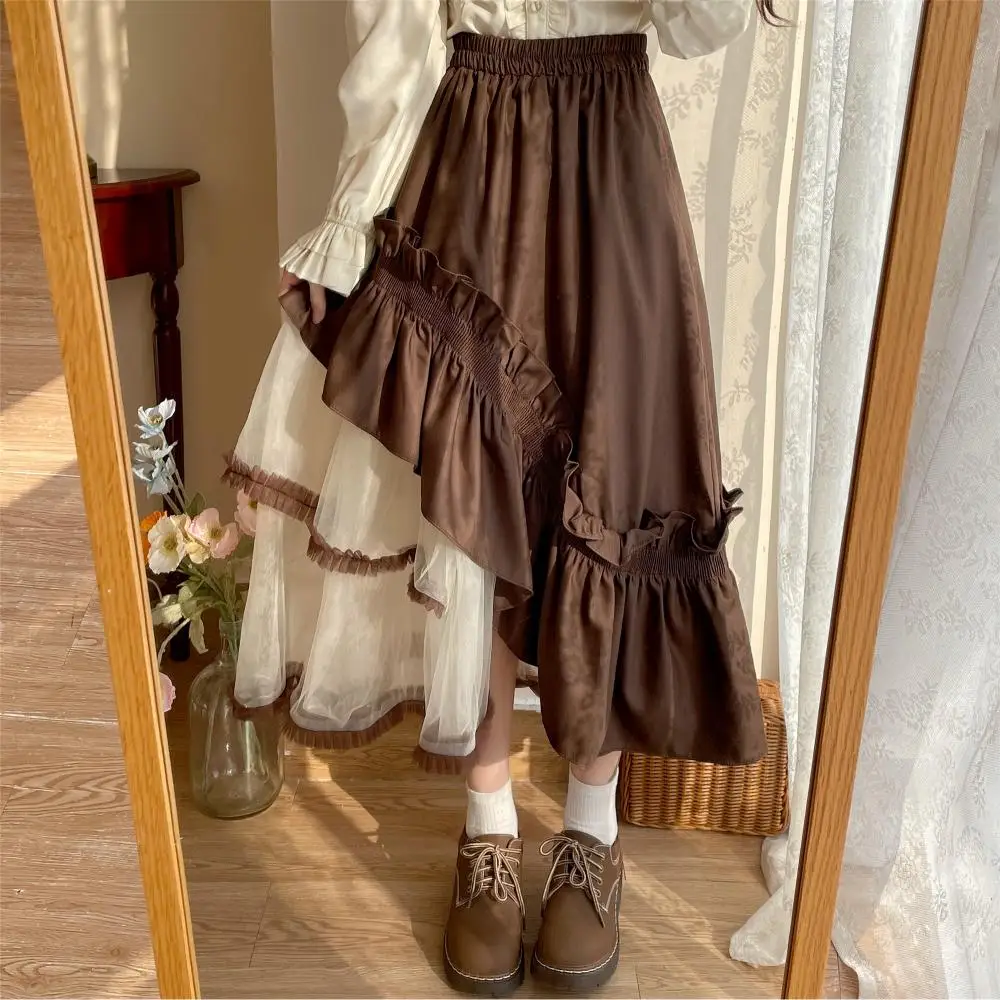 

Qiukichonson Mid Long Skirt Women 2023 Patchwork Mesh Lolita Spring Summer High Waisted Ruffles Asymmetrical Maxi Skirt rok