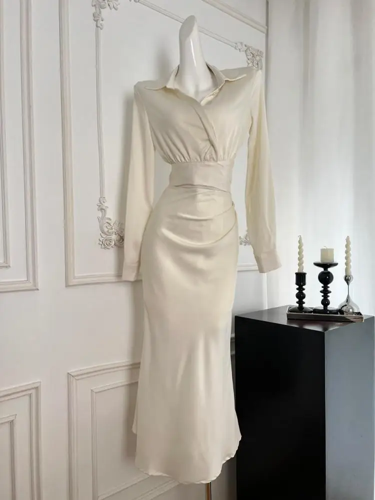 

Women Autumn Winter 2024 New French Beige Single Breasted Elegant Long Sleeved Pleated Shirt And High Waist Skirt Two Piece Suit