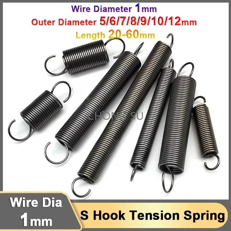 

1mm Open S Hook Tension Springs Tensile Spring Steel Coil Extension Expansion Stretching Spring OD 5 6 7 8 9 10 12mm L 20-60mm