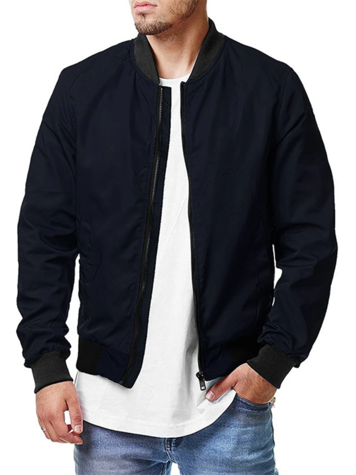 

Autumn New Men's Pilot Loose Jaet Casual plus Zipper Coat Big Size Faion Outerwear round Hem Long Sve Pure Color