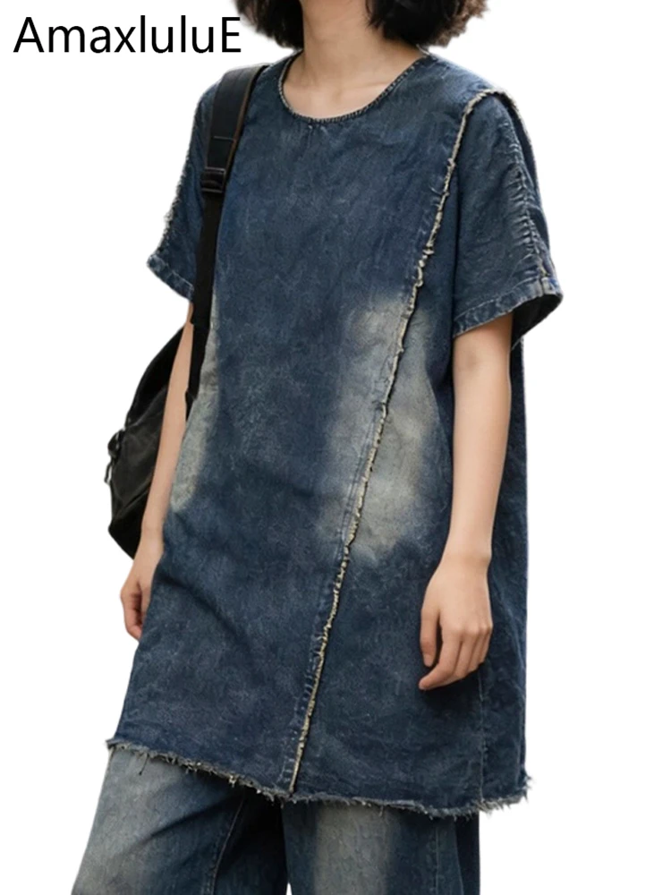 Amax LuluE 2026 Summer Vintage Loose Tops Ladies British Design Classic Denim Tee Shirts Womens Fashion Leisure O Neck Clothes
