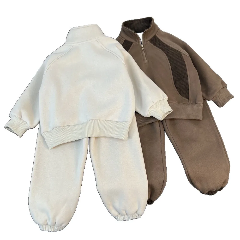 2025 Autumn New Children Long Sleeve Clothes Set Boys Girls Corduroy Sweatshirt + Pants 2pcs Suit Solid Kids Casual Outfits