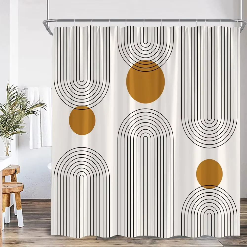Nordic Minimalist Art Line Leaf theme Shower Curtain, Bathroom Decorative Curtain, Printed Polyester Home Curtain with Hooks