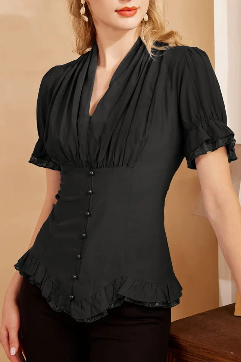 

Summer Shirts Black Women Slim Pleat Tops Gothic Renaissance Short Puff Sleeve V-Neck Lace-up Ruffle Retro Blouse Lady Female