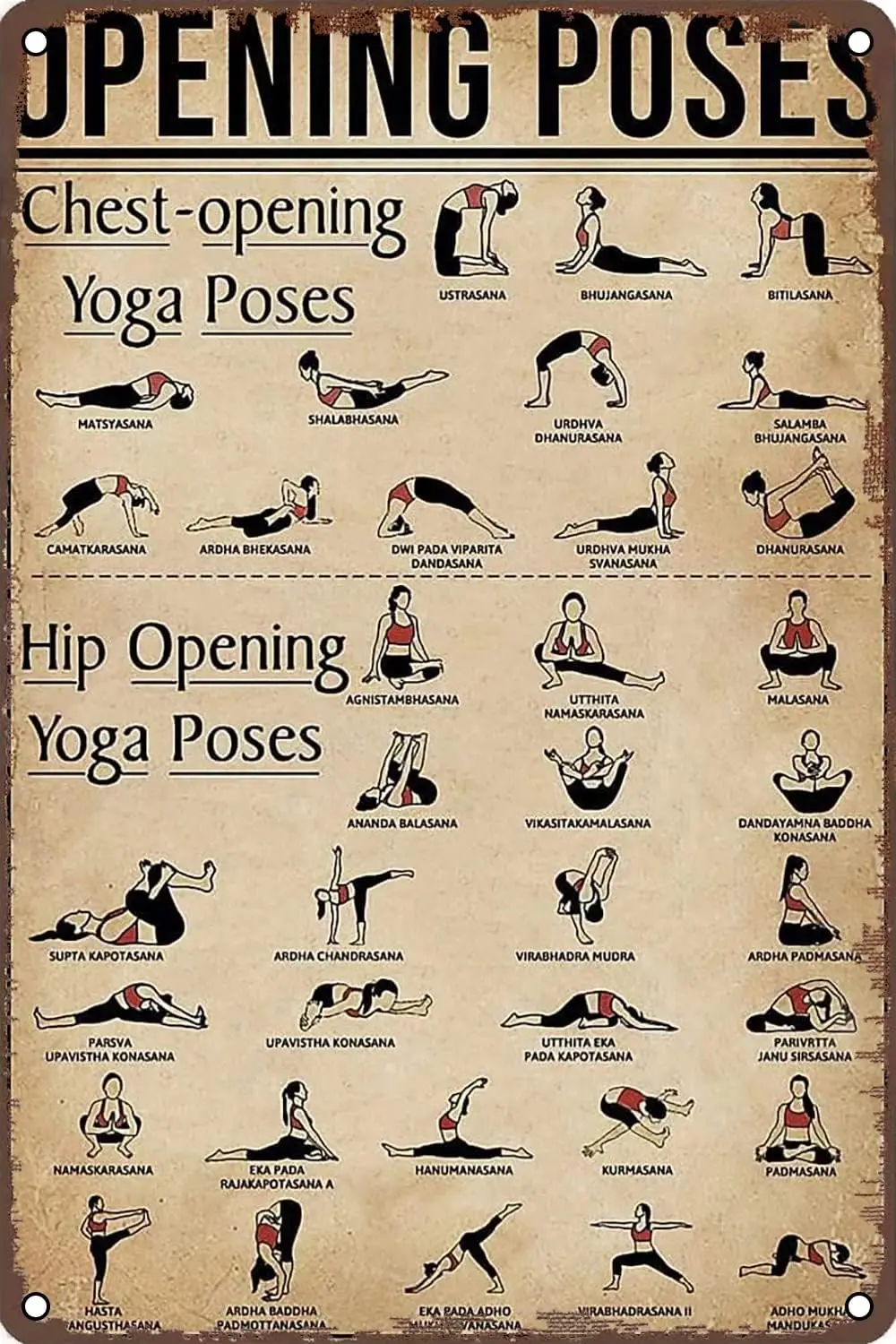 Panneau métallique éducatif sur les postures de yoga pour l'ouverture de la poitrine, affiche décorative murale rétro pour la maison, le jardin, la salle de sport masculine, les bars et les restaurants