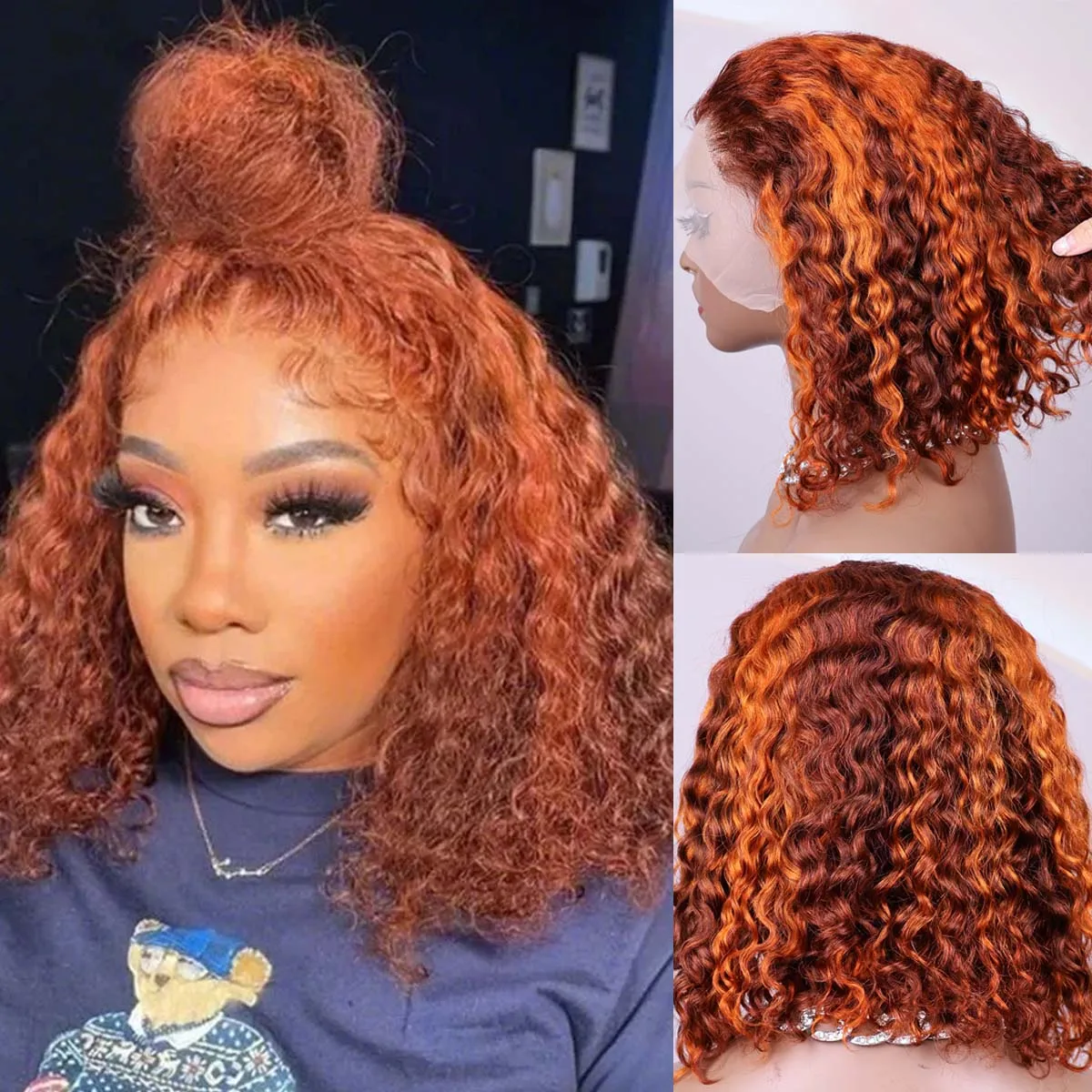 

Water Wave 4/350 Highlight 13x4 Lace Frontal Wigs Ombre Ginger Human Hair Wig For Women PrePlucked Colored Short Bob Curly Wigs