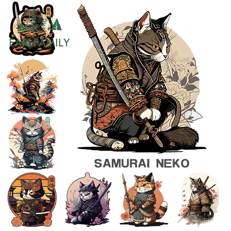 EARLFAMILY 13cm for Samurai Neko Cat Japanese Style Digital Art Car Stickers Sunscreen Personality Decals Windshield Decor