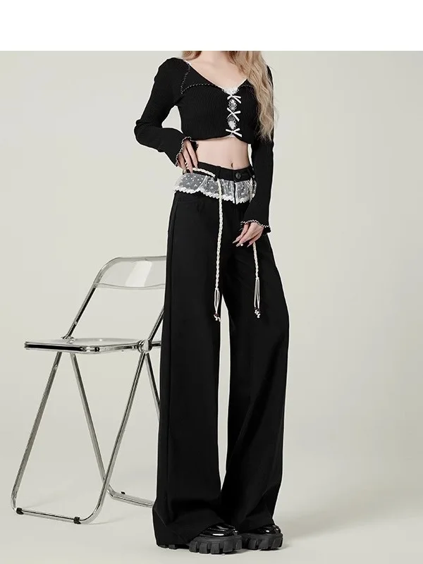 

Korean Style High Waist Wide Leg Denim Pants Women's American Loose Straight Lace Splicing Trousers Fashionable Commute