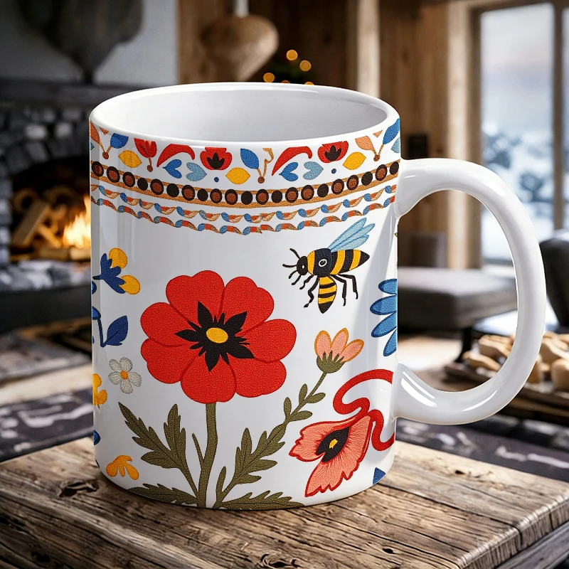 

Vibrant Floral Patterns with Honeybee - Modern Home Decor Printed Cup printed Mug Coffee Cup Ceramic Cup