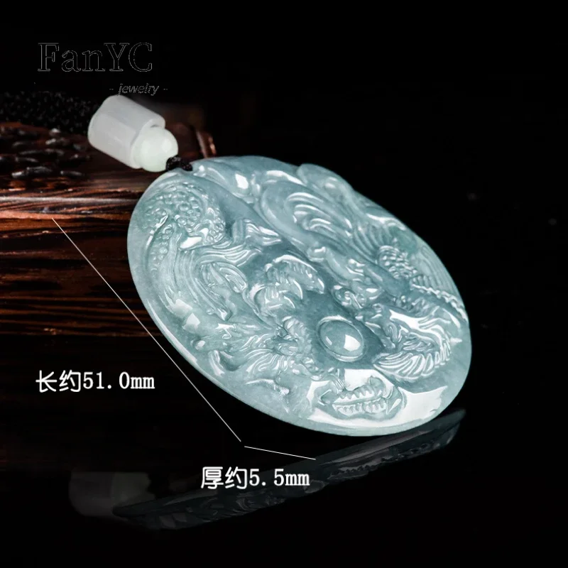 Natural A-goods Jadeite Blue Water Dragon and Phoenix Pendant Exquisite Fashion Simple Men and Women Couples Necklace Gift view 4