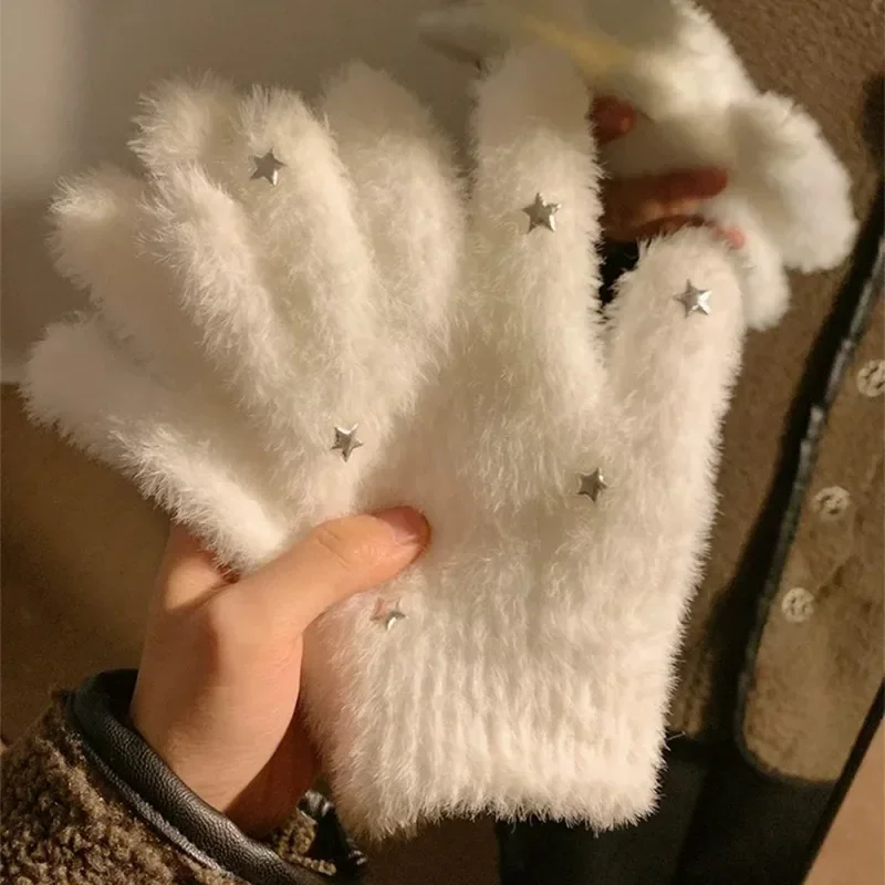 

Snow Mink Velvet Gloves Winter Women Girls Star Warm Cold-Proof Mittens White Soft Comfortable Plush Gloves Simple Accessories