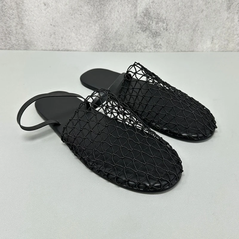 Flat Fishing Net Sandals Female Breathable Branded Designer Sandals Women Woven Roman Sandals Skeleton Mesh Mule Slippers Women