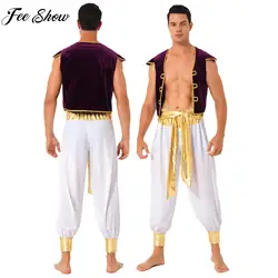 Men Arabian Prince Cosplay Costume Cap Sleeve Vest Waistcoat with Belted Bloomers Pants Sets for Halloween Carnival Theme Party