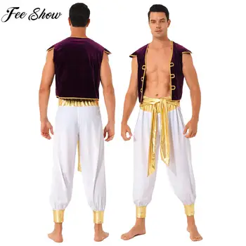 Mannen Arabische Prins Kostuum Cap Mouw Vest Met Belted Bloeiers Broek Sets Adulte Halloween Carnaval Cosplay Outfits