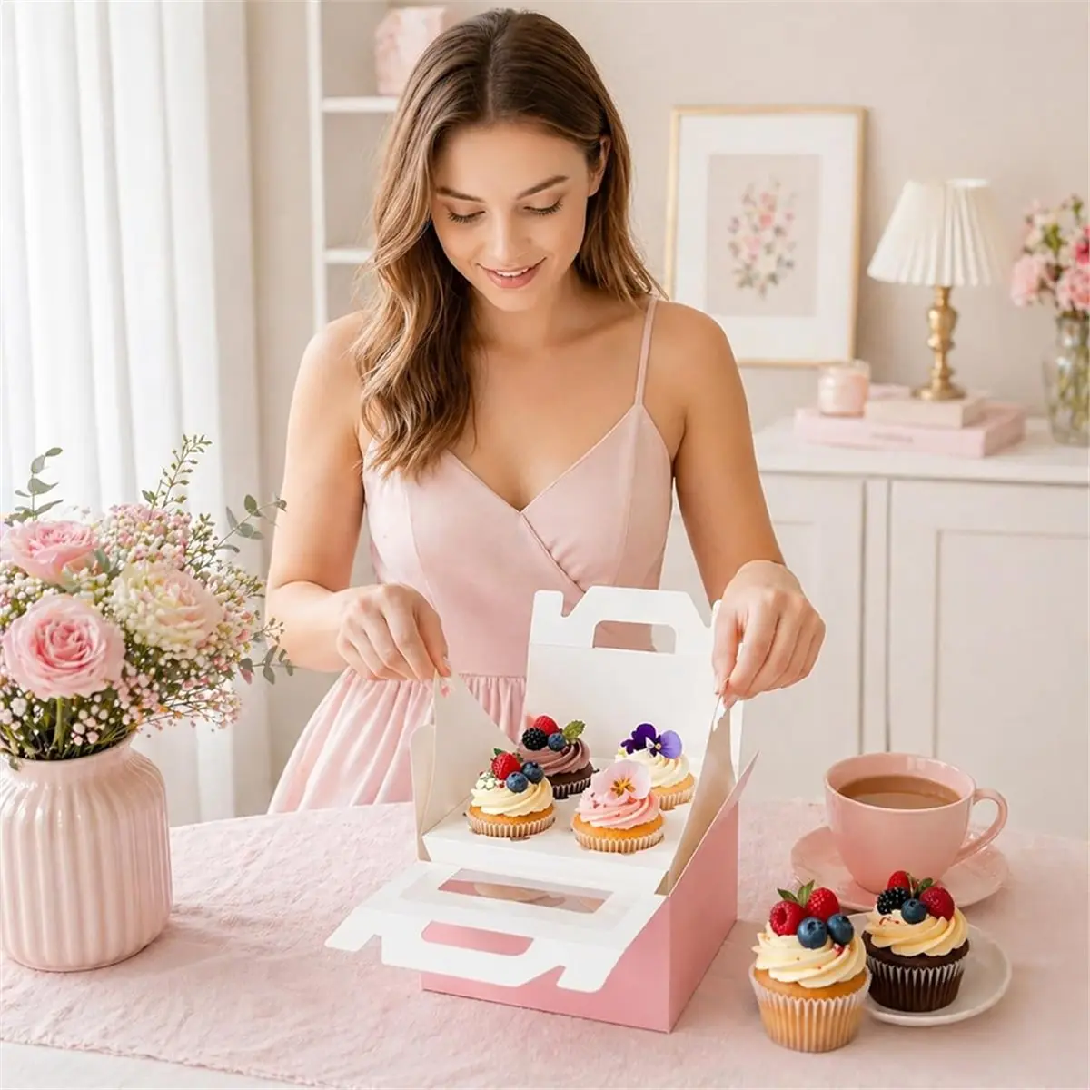 PHONE&GEAR 20 Pack Pink Cupcake Boxes 4 Count,Muffin Boxes with Handles, Bakery Treat Boxes for Cookie, Dessert, Candy, Baked G