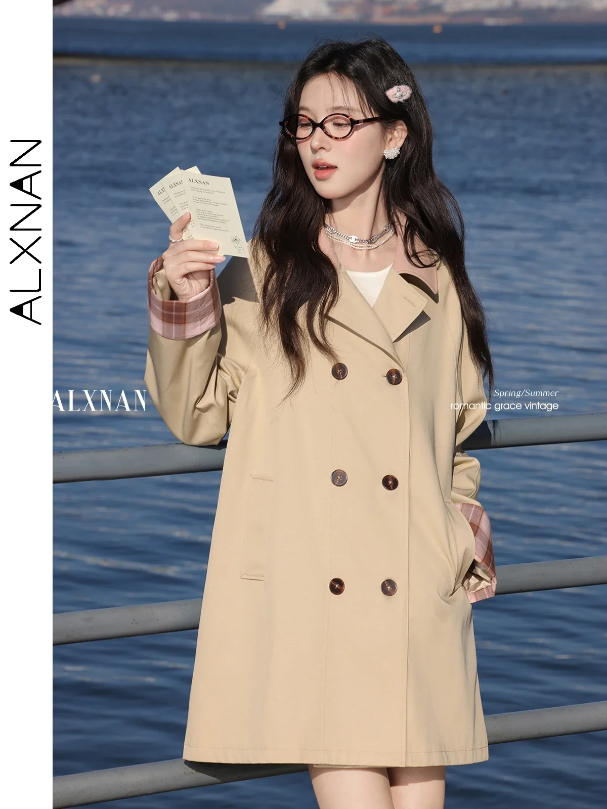 

ALXNAN Women's Trench Coat Khaki Mid-length Block Color Windbreaker 2025 Autumn Casual Office Lady Elegant Coats Female L52912