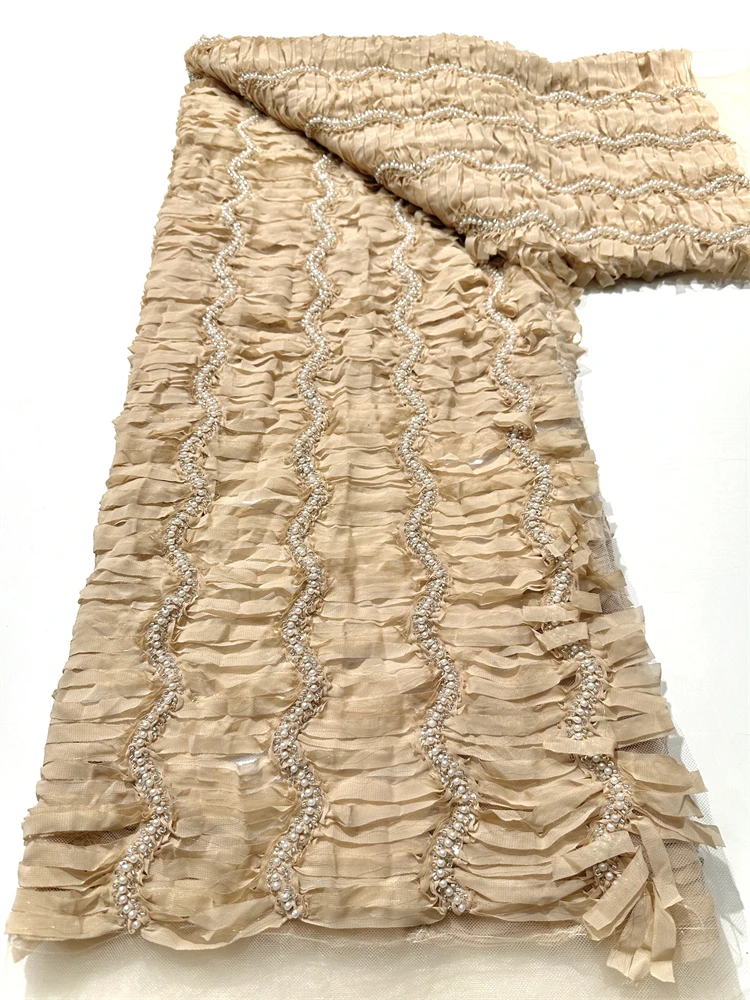 新デザインのアフリカのスパンコールレース生地2025高品質3Dフランスビーズレース生地ナイジェリアの花嫁のためのウェディングパーティードレス