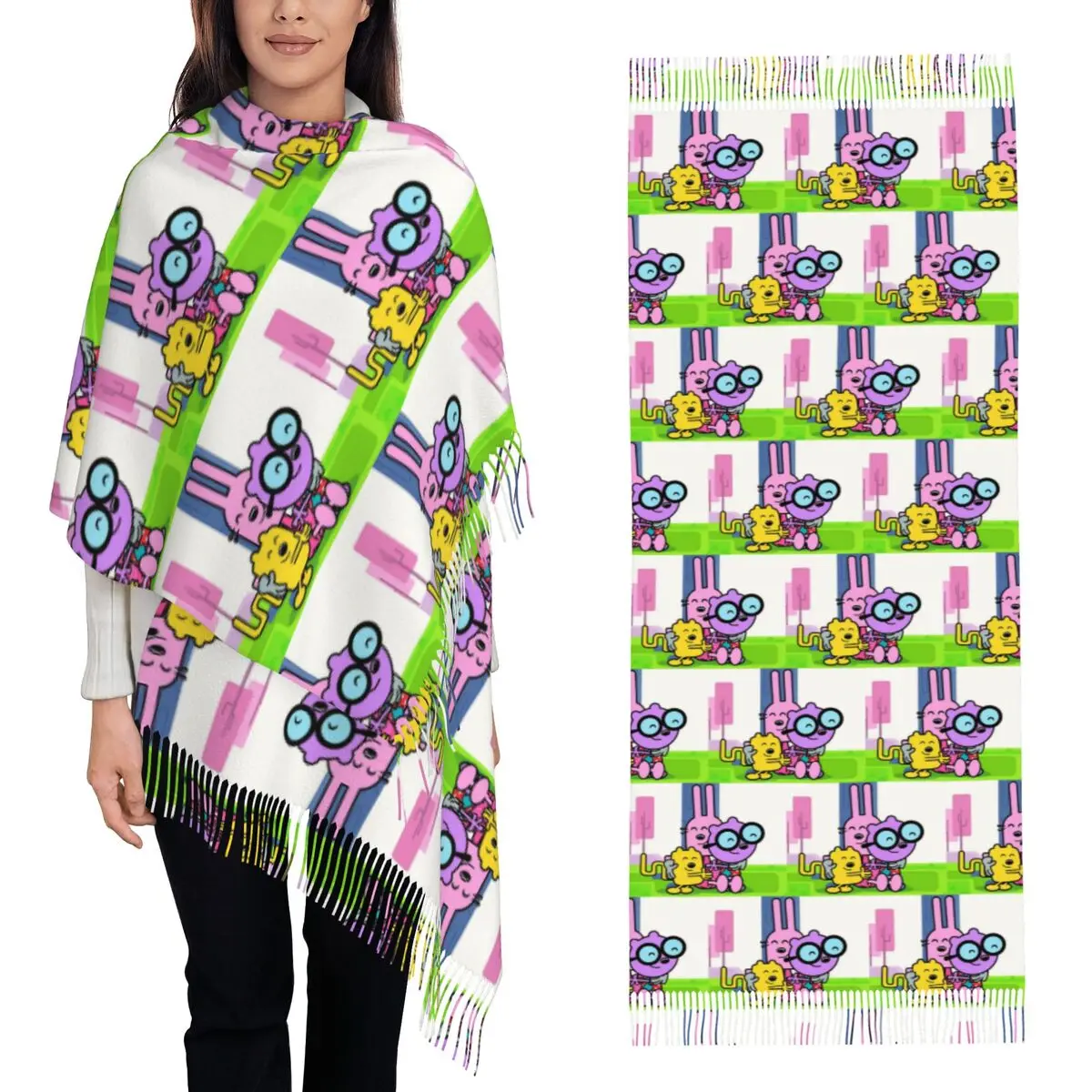 

Wow Wow Wubbzy анимационный шарф с героями мультфильмов, шарфы с кисточками для женщин, мягкие теплые шали и накидки, большая осенне-зимняя шаль