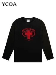 Men's T-Shirts Cotton Gothic Oversized Satan Club Long Sleeve Tops Tees Graphic Y2k Korean Fashion Vintage Streetwear Clothing