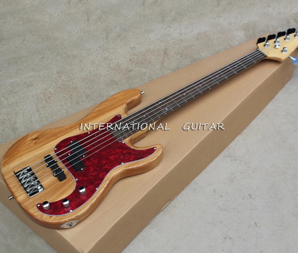 Natural Wood Color 5 Strings Ash Electric Bass Guitar with Rosewood Fretboard,Red Pearl Inlay,Customizable