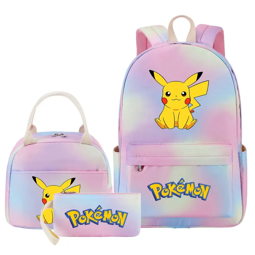 New Pikachu Girls Kids Pen Lunch Bags Bookbags 3 Pcs Women Teenagers Schoolbags Travel Laptop Rainbow Backpack Gift