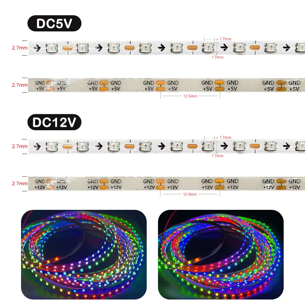 2.7mm Ultra Narrow WS2812B LED Strip Individually Addressable WS2812 2020SMD 160Leds/m Samrt Pixel Light White PCB DC5V/12V