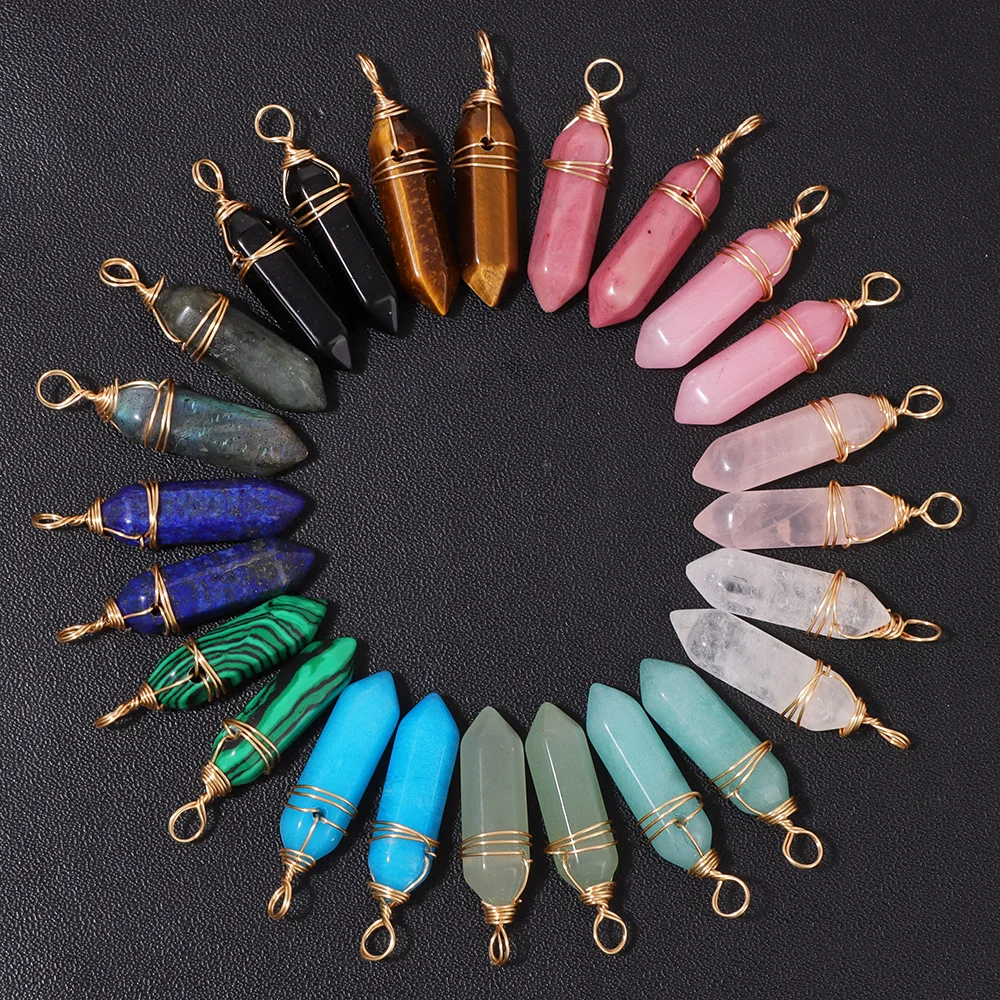 Hexagonal Natural Stone Charms Wire Wrapped Labradorite Quartzs  Jade Healing Bullet Stone Pendant For Necklace Earrings DIY